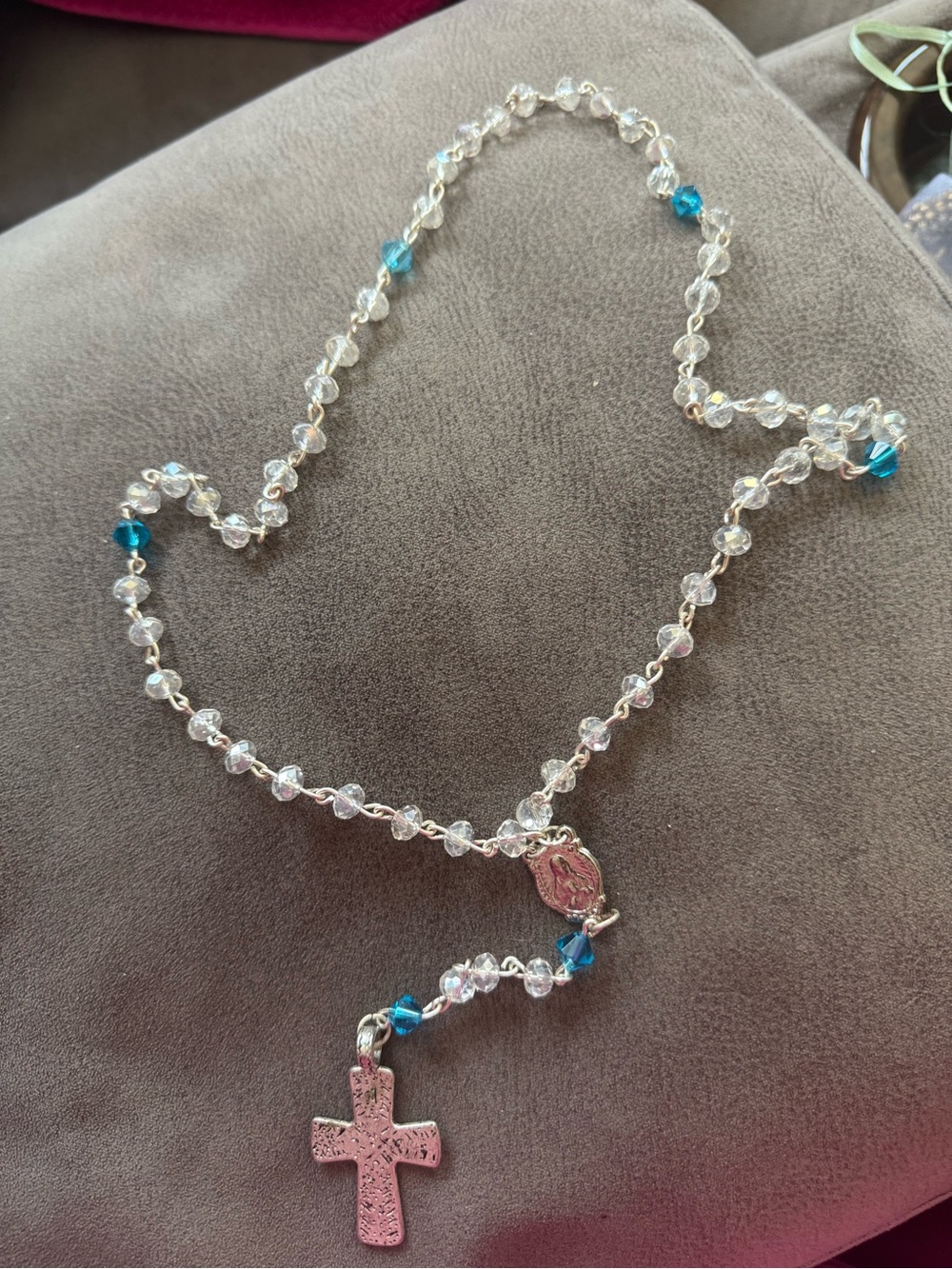 Crystal and Teal Rosary Necklace